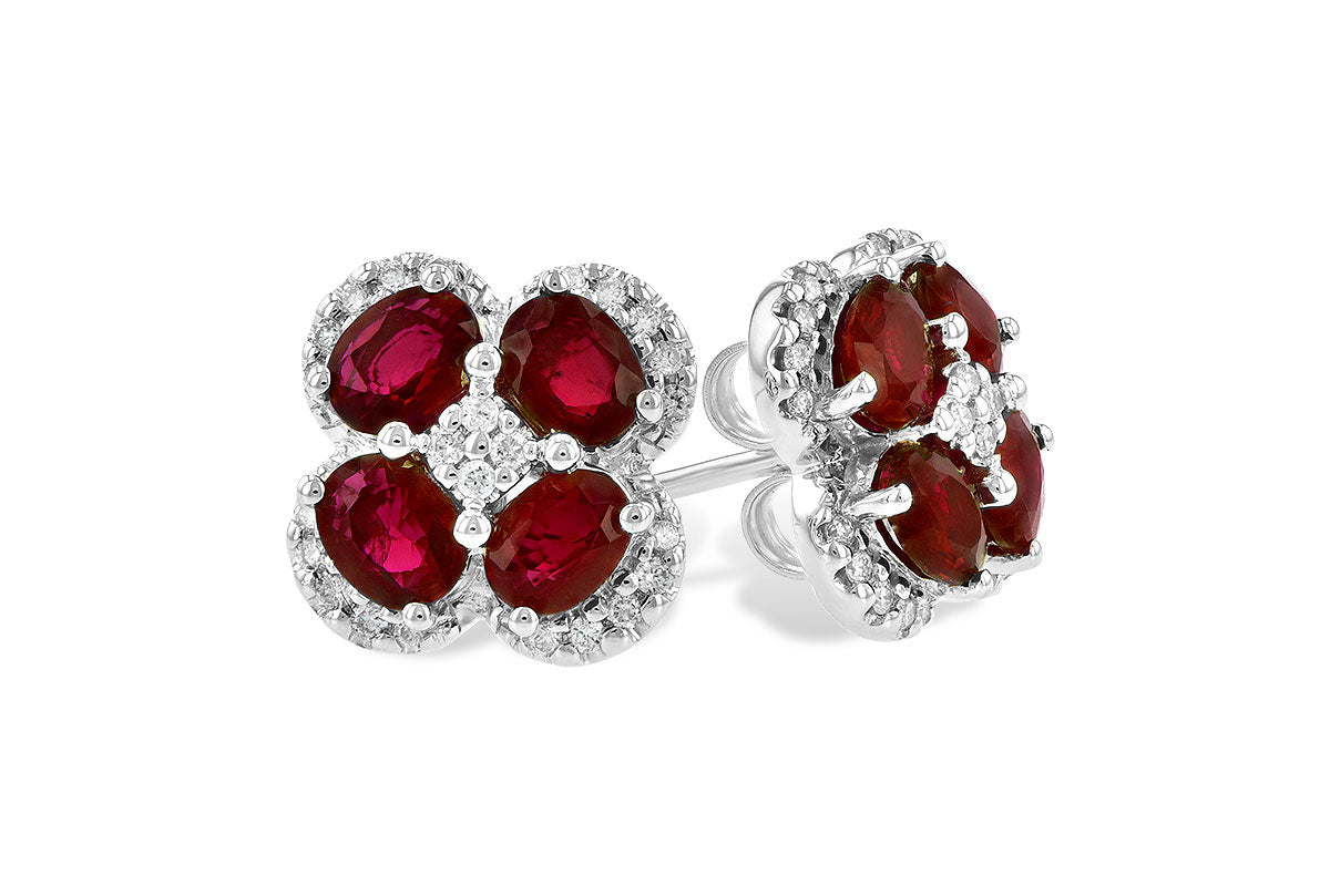 14 Karat White Gold Clover Halo Ruby Earrings - 1.48 carats