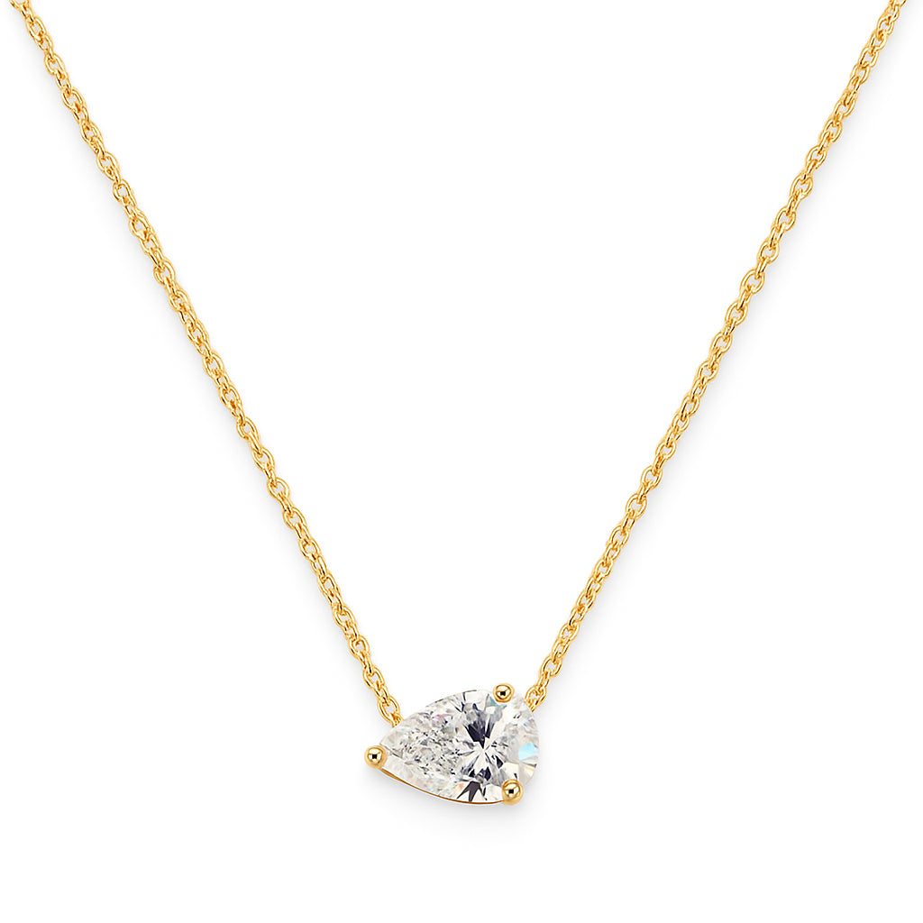Christmas Sparkle: 14K Yellow Gold East To West Stationary Solitaire Necklace with Lab Diamond Pear Shape Pendant (1.03 ct)