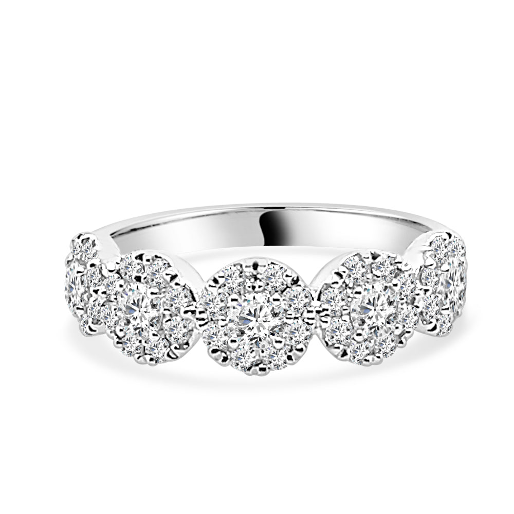 Sparkling Elegance: 14K White Gold Round 6 Stone Diamond Ring with Halos (1.00 ct) - Natural Diamonds