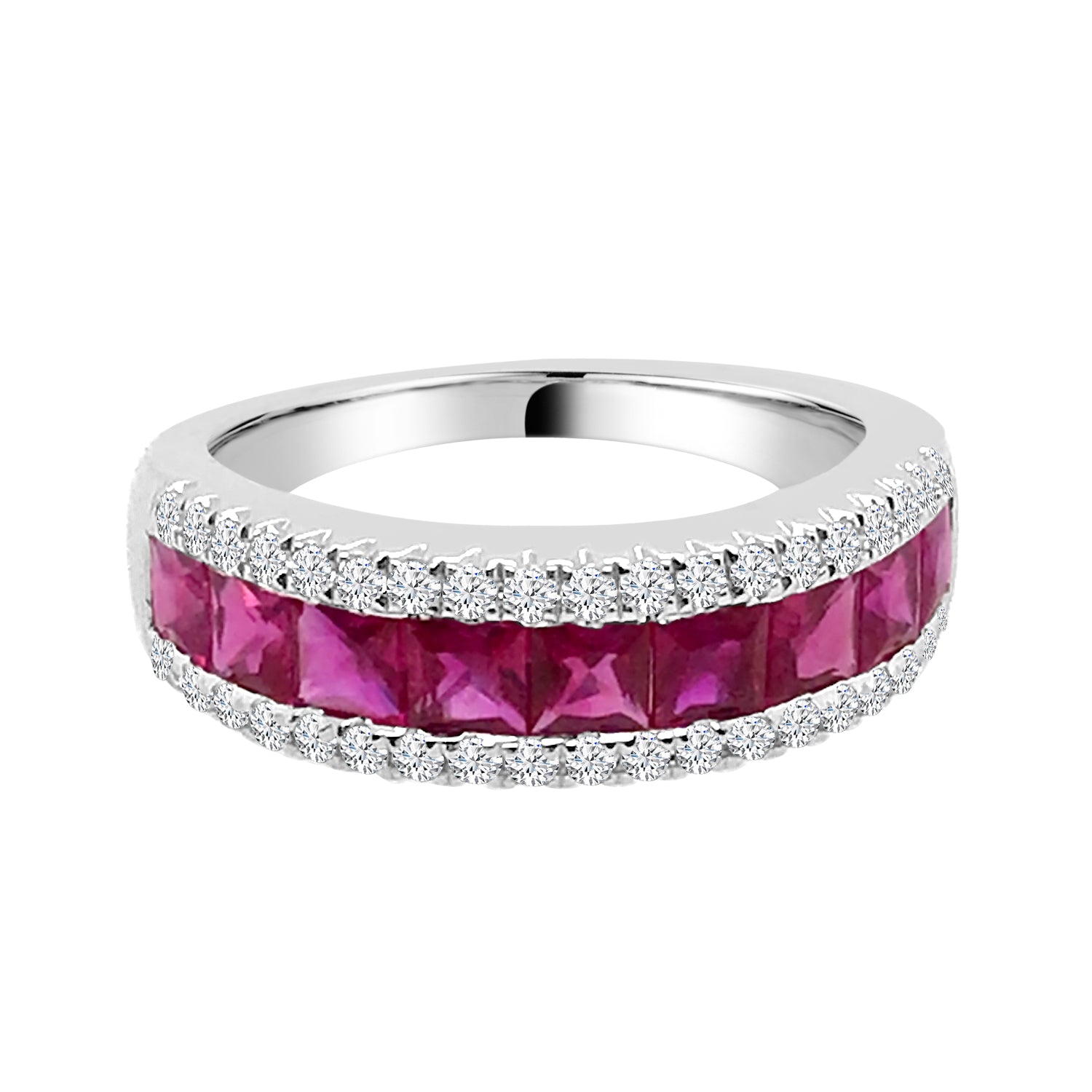 3 Row Princess Cut Ruby Ring in 14 Karat White Gold - 2.00 Carats