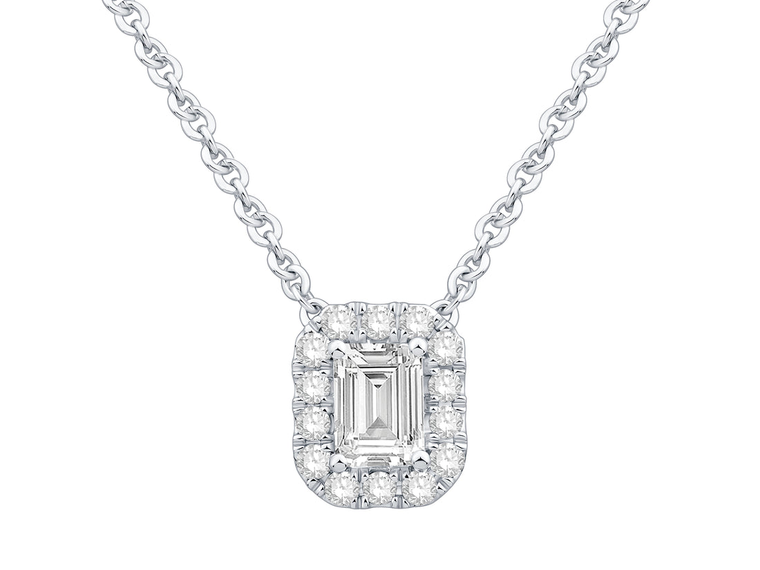 Emerald Cut Lab Diamond Halo Pendant Necklace in 14K White Gold - 1.01 Carats