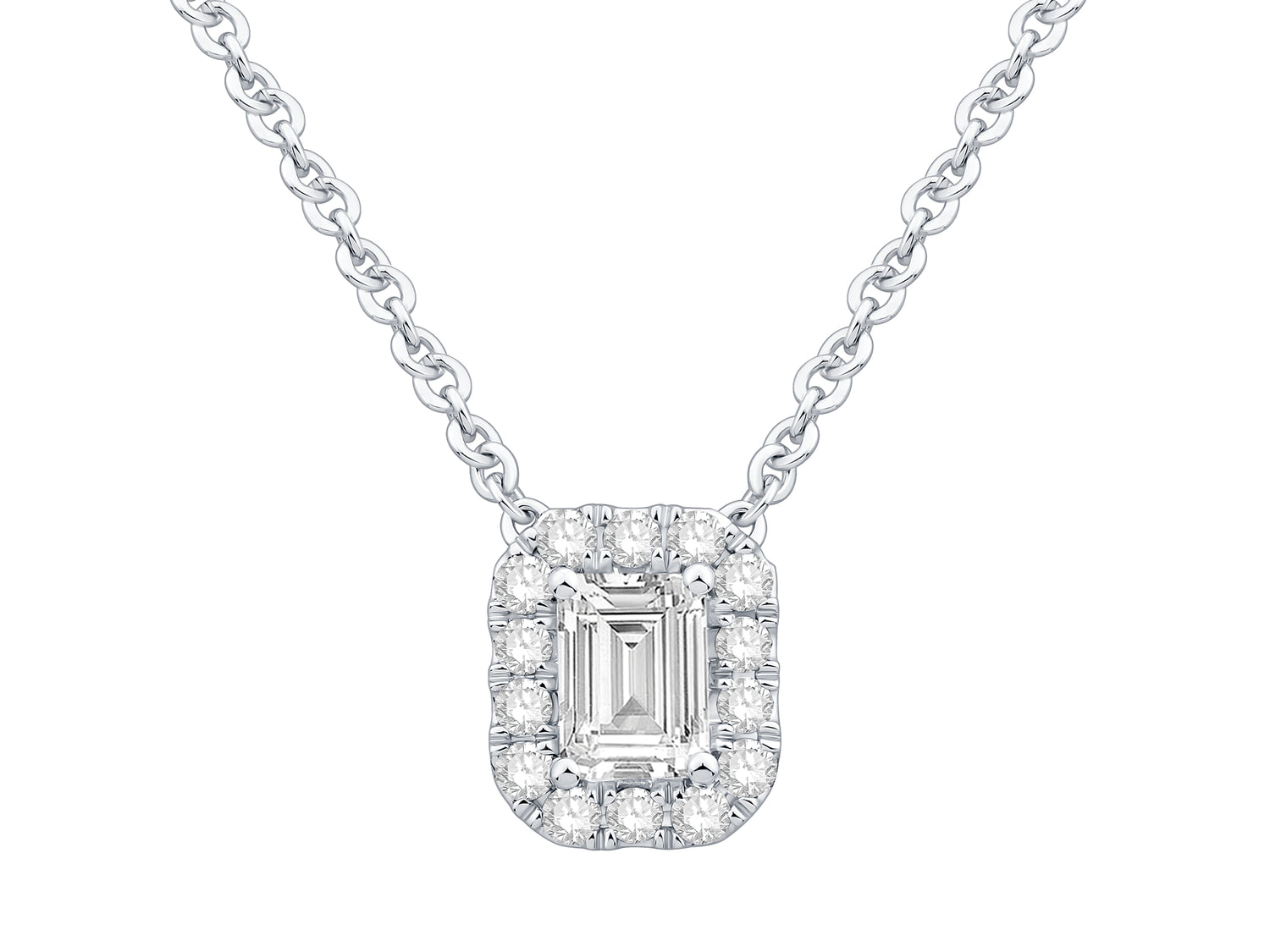 Emerald Cut Halo Pendant Necklace in 14K White Gold with 1.01 Lab Diamonds