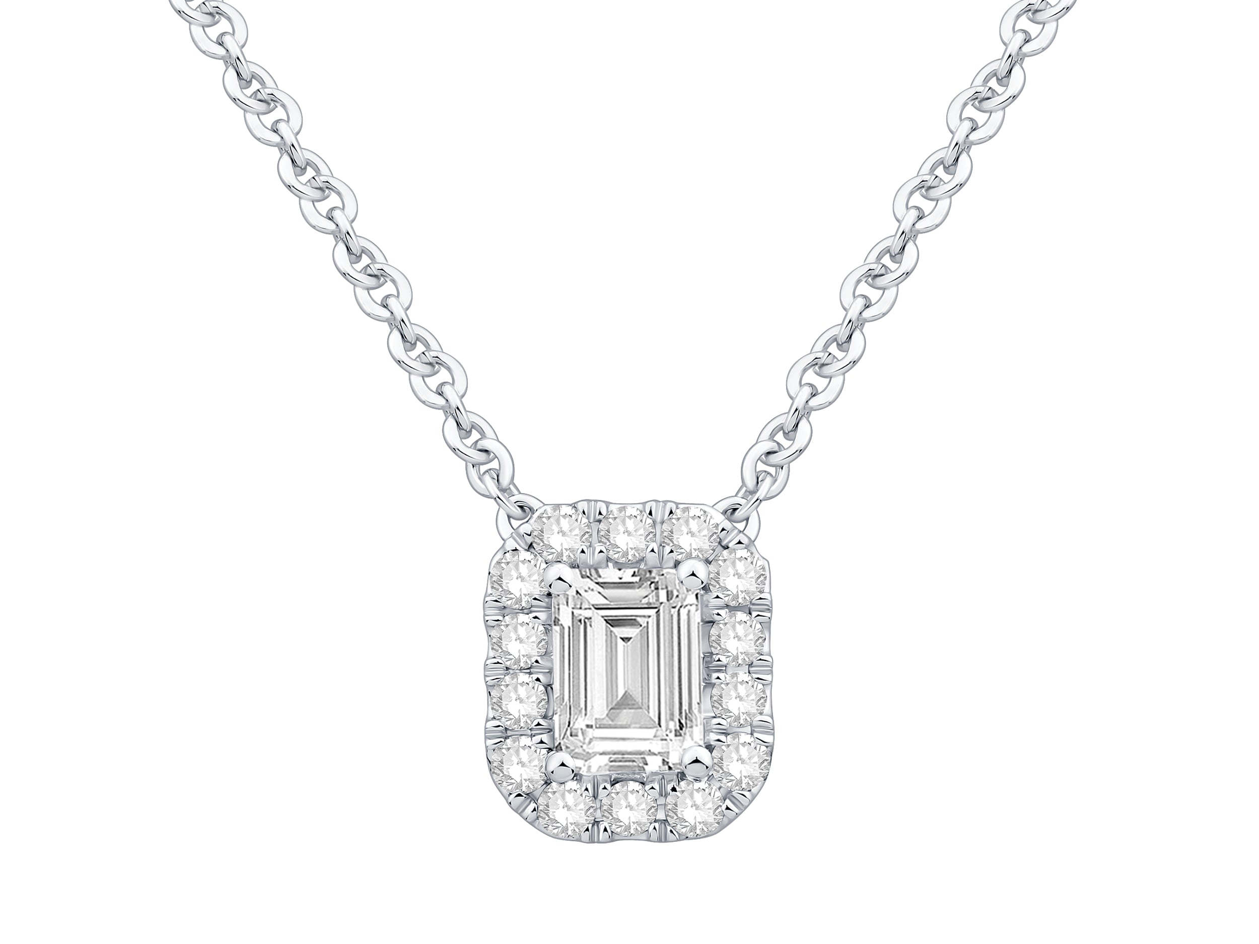 Emerald Cut Halo Pendant Necklace in 14K White Gold with 1.01 Lab Diamonds
