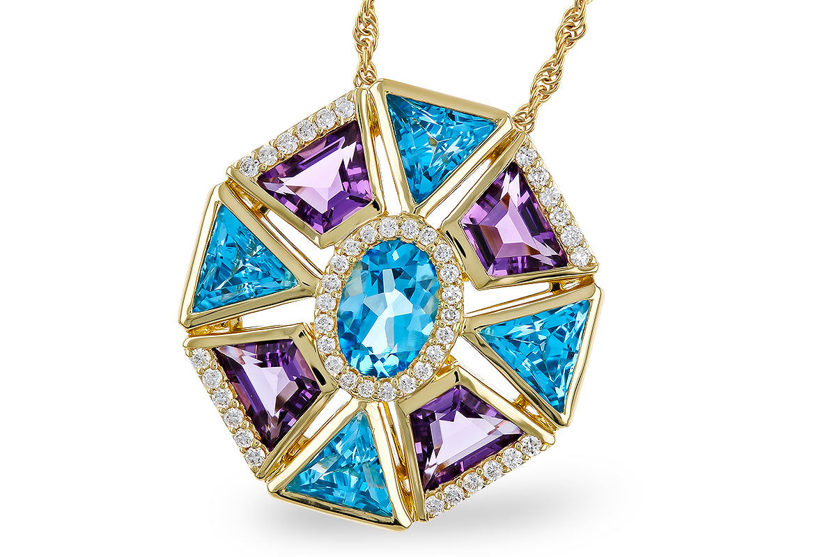 14K Yellow Gold Necklace with Trapazoid and Triangle Blue Topaz Pendant - 3.16 Carats