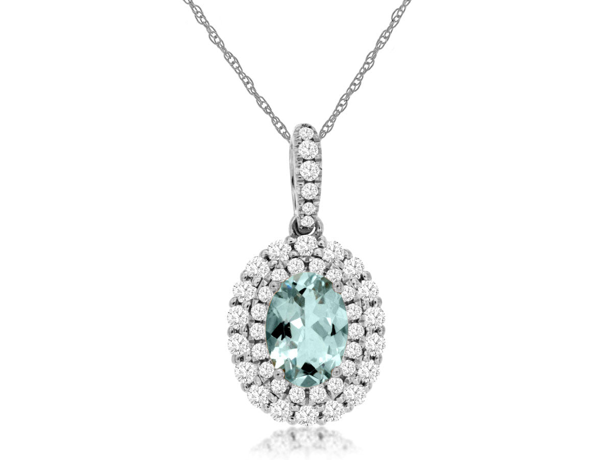 14K White Gold Double Halo Aquamarine Oval Necklace - 0.66 Carat