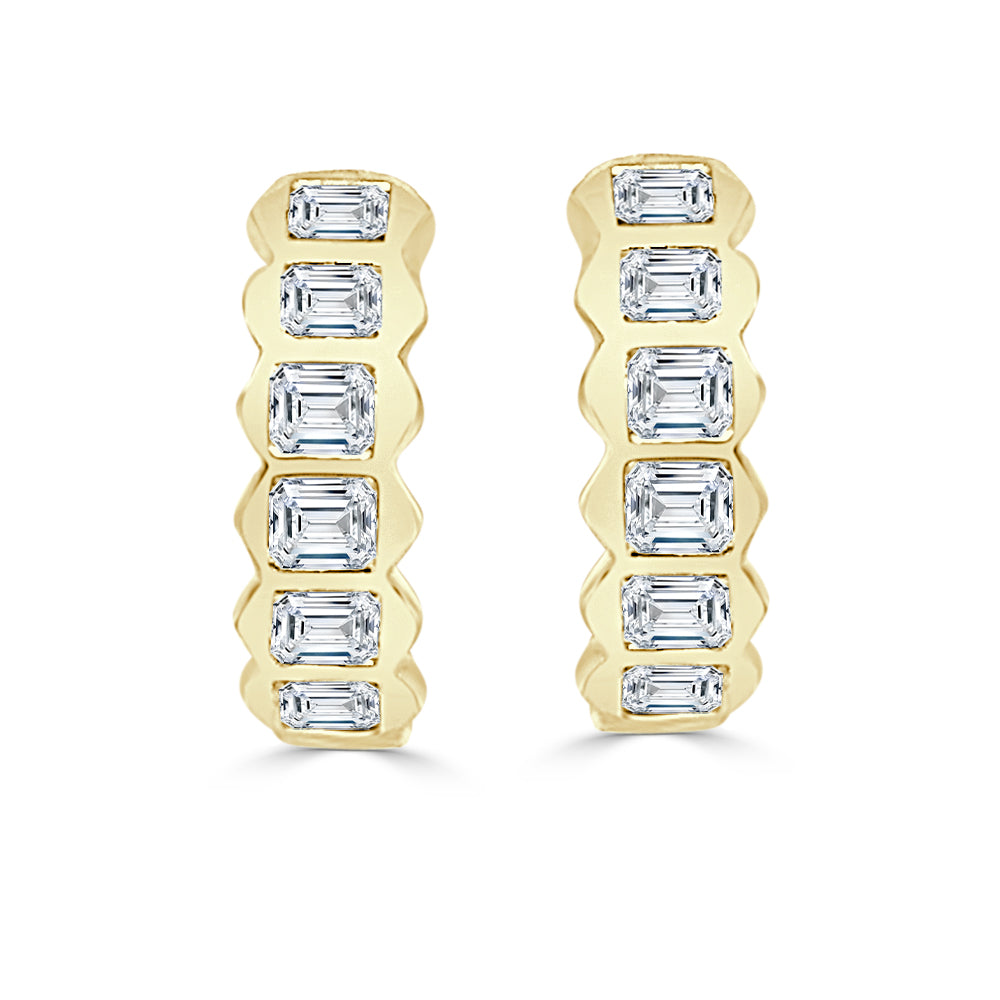 14K Yellow Gold Bezel Set Emerald Cut Diamond Hoop Earrings with 1.73 ct Natural Diamonds