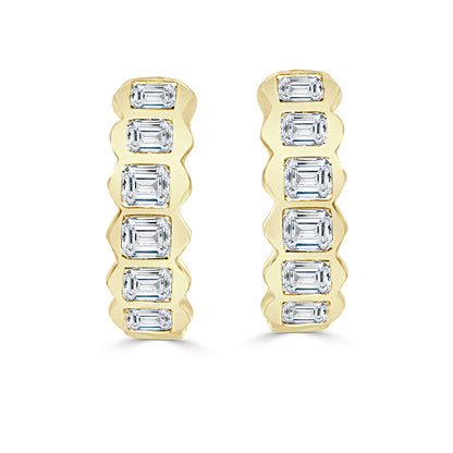 14K Yellow Gold Bezel Set Emerald Cut Diamond Hoop Earrings with 1.73 ct Natural Diamonds