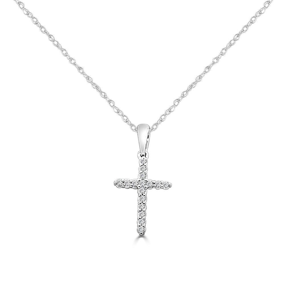 10K White Gold Diamond Cross Pendant Necklace with Natural Round Shape 0.10 Diamond