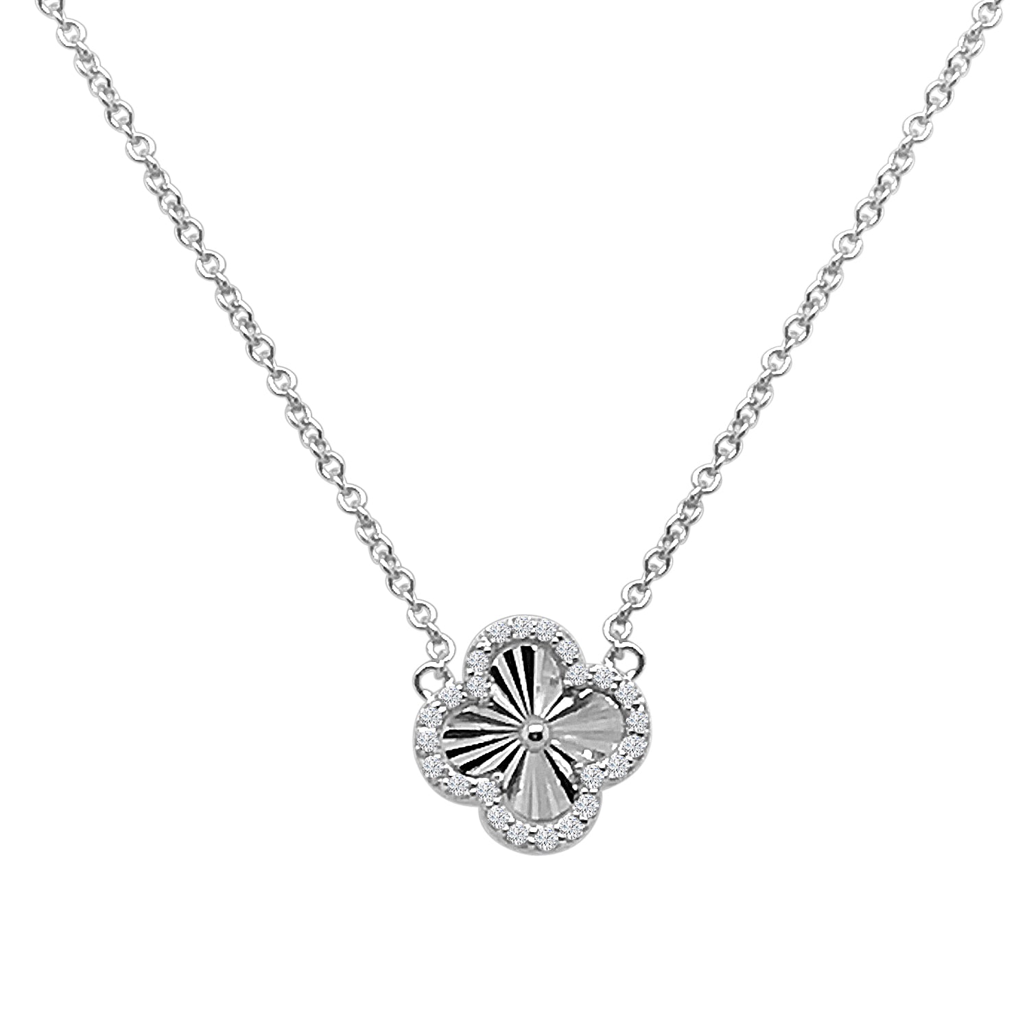 D/c Clover With Halo Natural Diamond Necklace in 14 Karat White Gold - 0.09 Carat