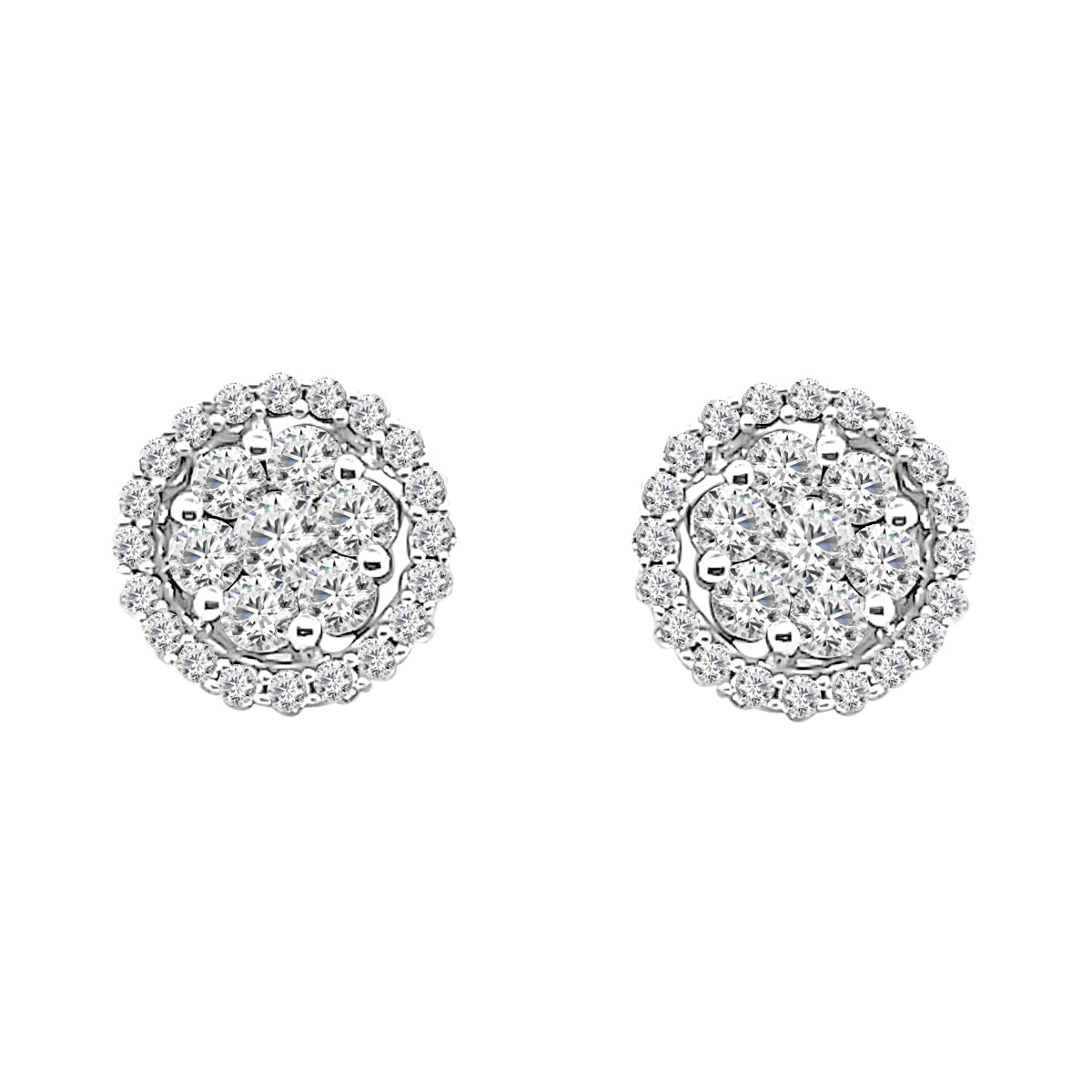 14K White Gold Natural Diamond 0.74 Carat RD Halo Cluster Earrings