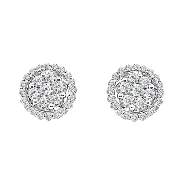 0.74 ct Natural Diamond RD Halo Cluster Earrings in 14 Karat White Gold
