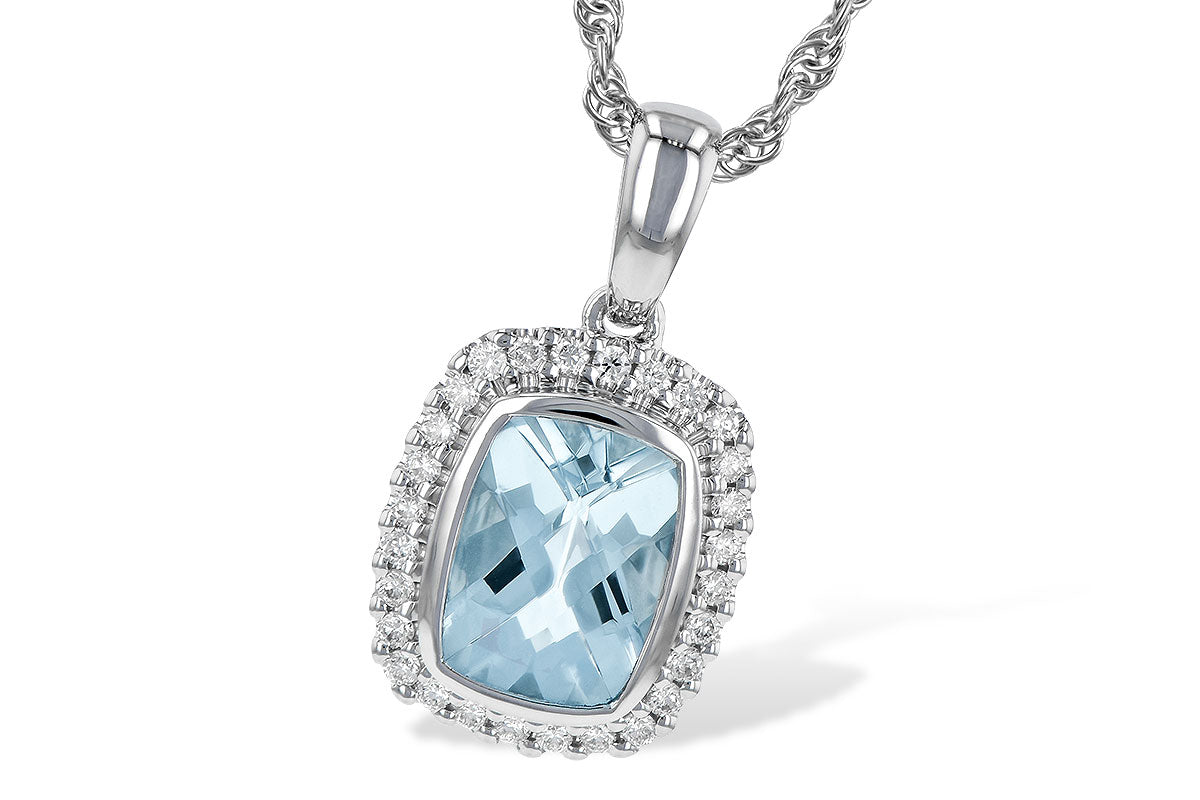 14 Karat White Gold Aquamarine Necklace with Cushion Halo - 1.02 Carats