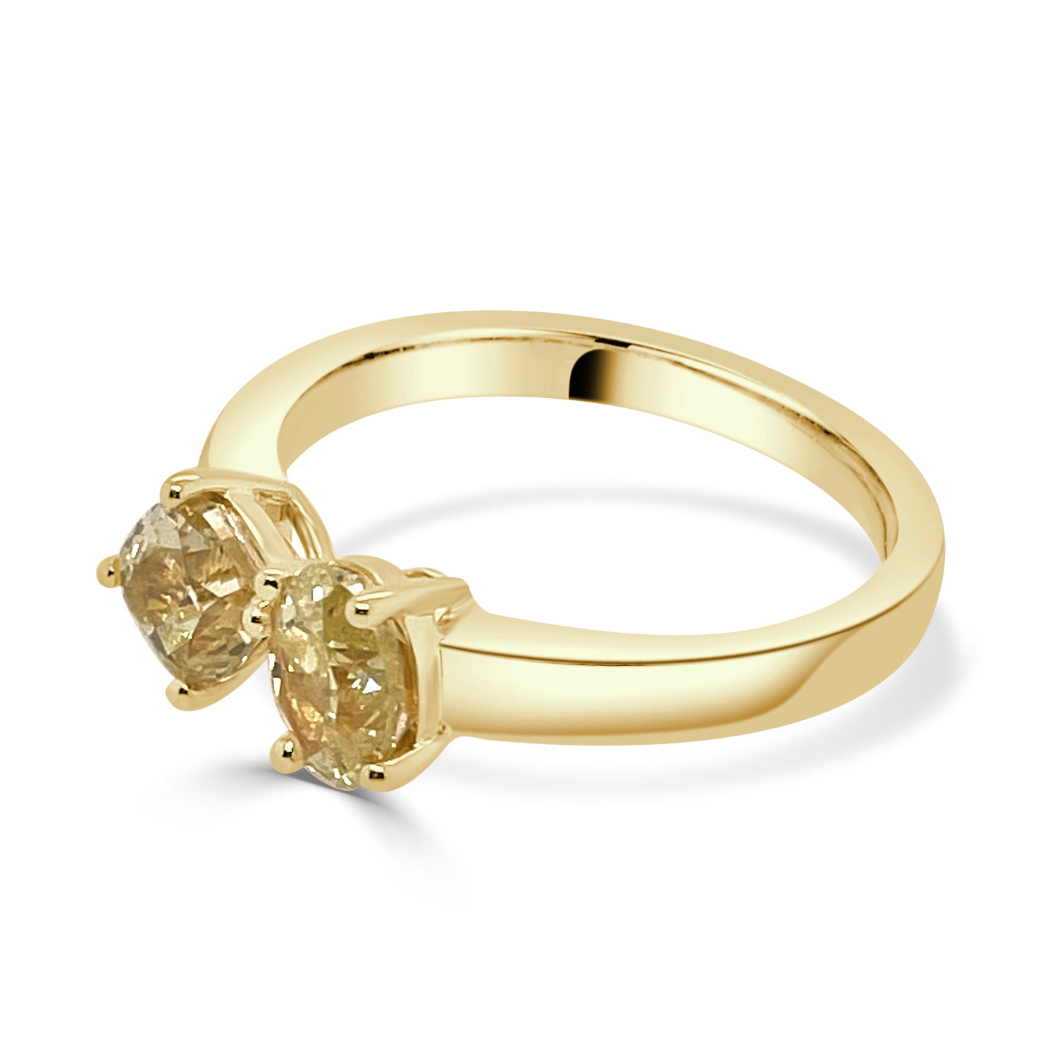 18K Yellow Gold Two-Stone Oval and Cushion Ring with 1.42 Yellow Diamond