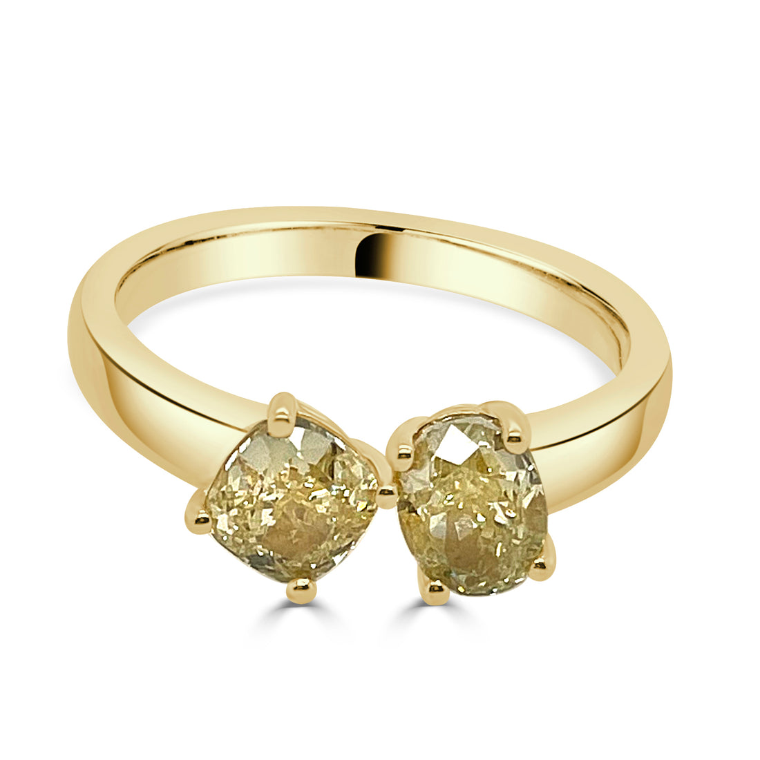 18K Yellow Gold Two-Stone Oval and Cushion Ring with 1.42 Yellow Diamond