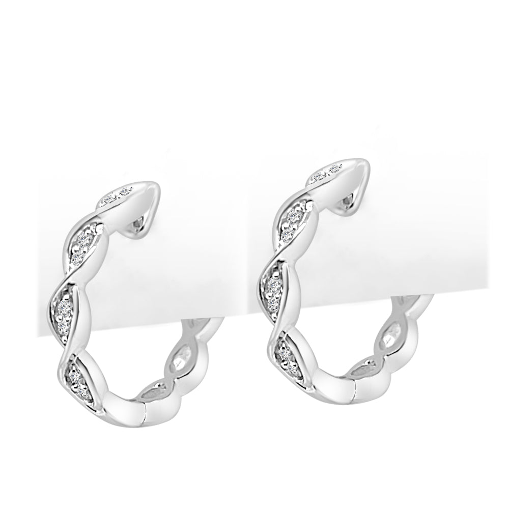 10K White Gold Scalloped Huggie Earrings with Natural Diamond, Round Shape 0.10 ct