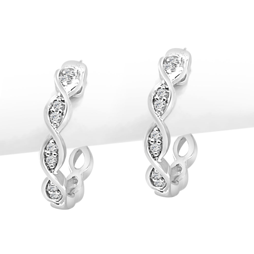 10K White Gold Scalloped Huggie Earrings with Natural Diamond, Round Shape 0.10 ct