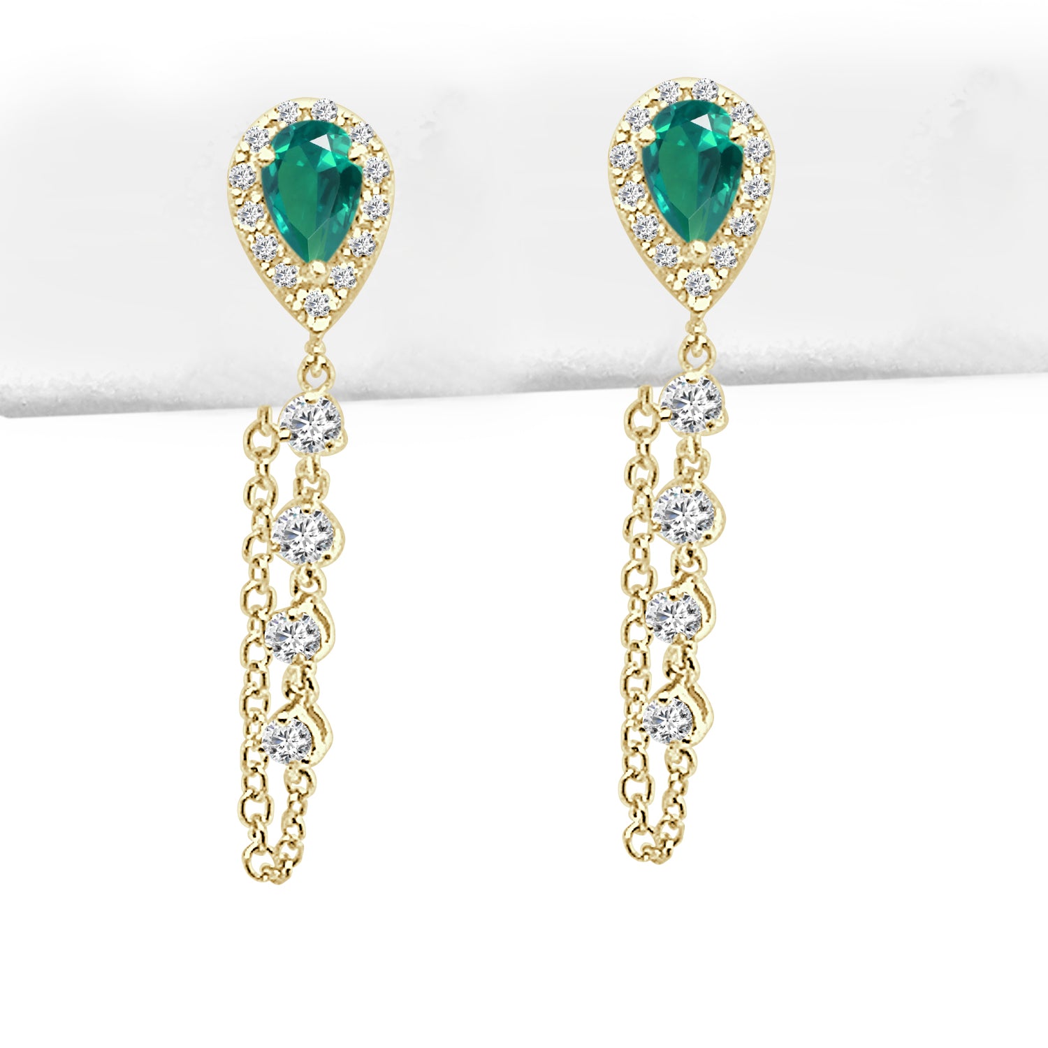 14K Yellow Gold Pear-Shaped Emerald and Diamond Earrings - 0.42 Carats