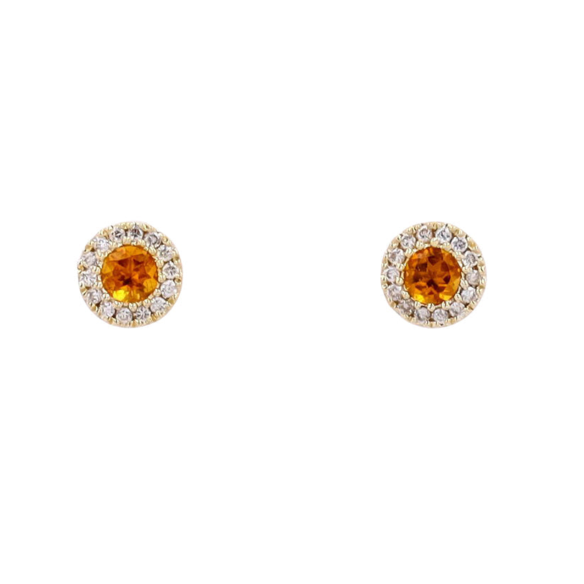Sparkling Citrine Stud Earrings with Diamond Halo in 10K Yellow Gold - Round Shape, 0.12 Carats