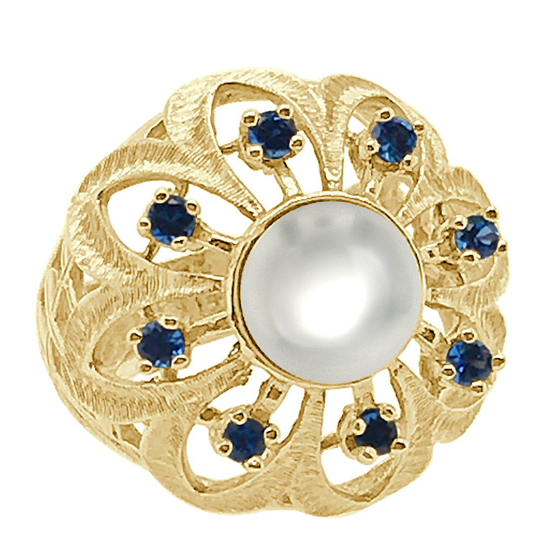 Blue Stone Halo Vintage Pearl Ring in 14 Karat Yellow Gold