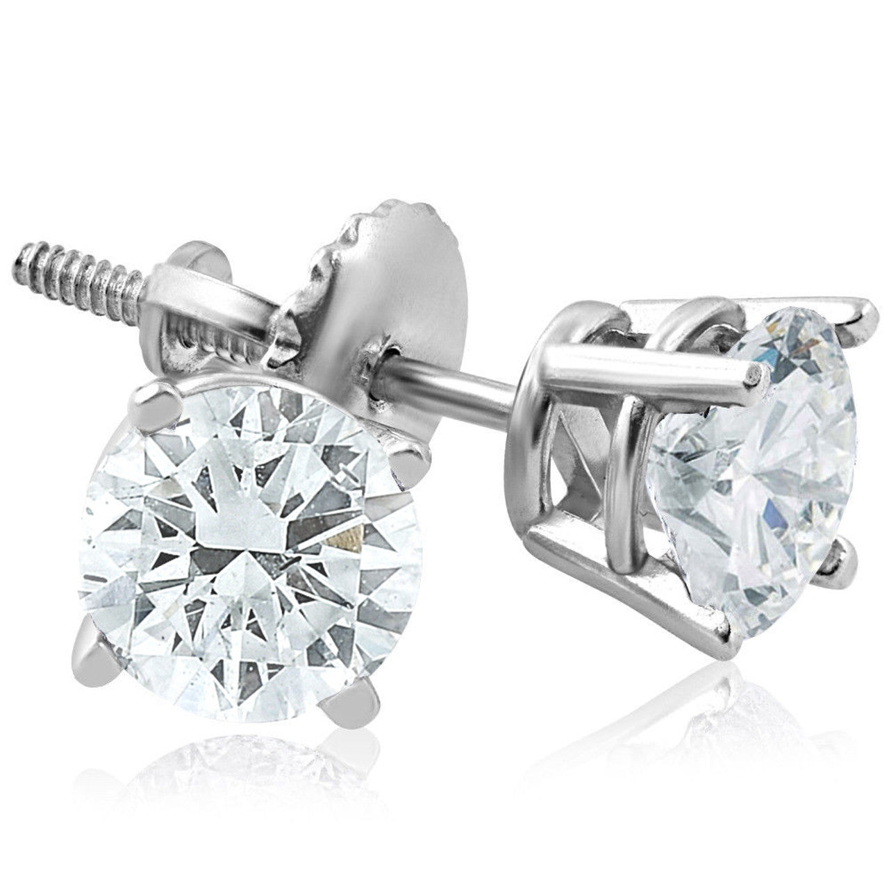 14K White Gold Lab Diamond Solitaire Studs with Screw Back - Round Shape 1 Carat