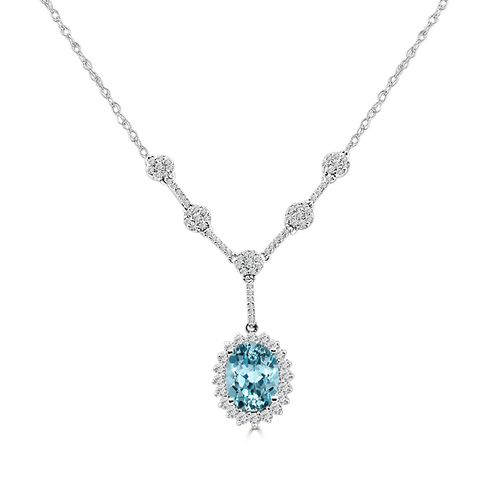 14K White Gold Oval Aquamarine and Diamond Necklace, 1.70 ct