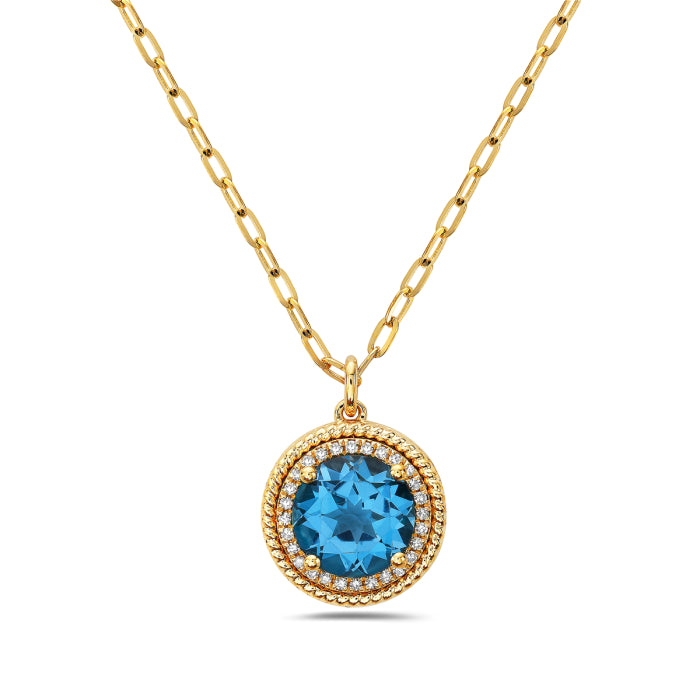 Swiss Topaz Round Necklace with Rope Detailing in 14K Yellow Gold - Blue Topaz 2.31 carats