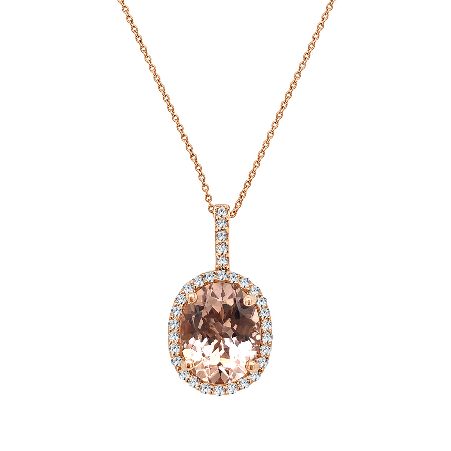 Rose Gold Halo Morganite Necklace - Oval Shape 3.19 ct