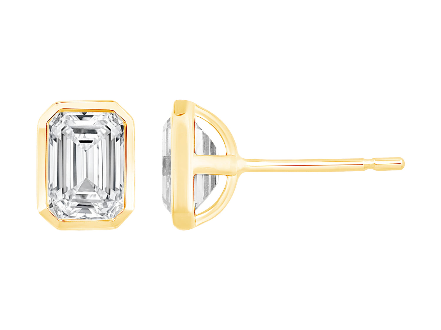 Emerald Shape 2.08 Lab Diamond Solitaire Studs in 14 Karat Yellow Gold - Bezel Set Brilliance