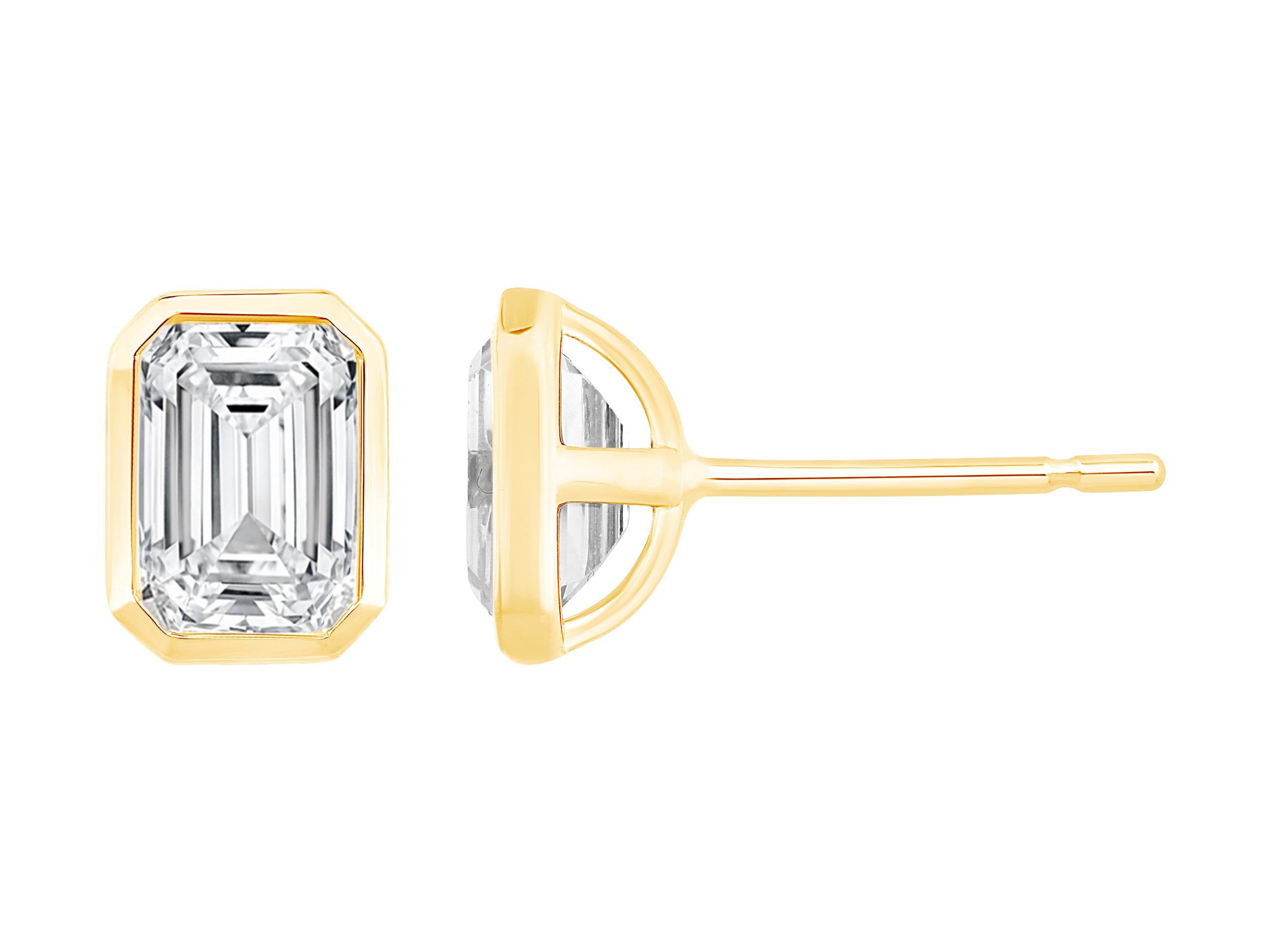 Emerald Shape 2.08 Lab Diamond Solitaire Studs in 14 Karat Yellow Gold - Bezel Set Brilliance