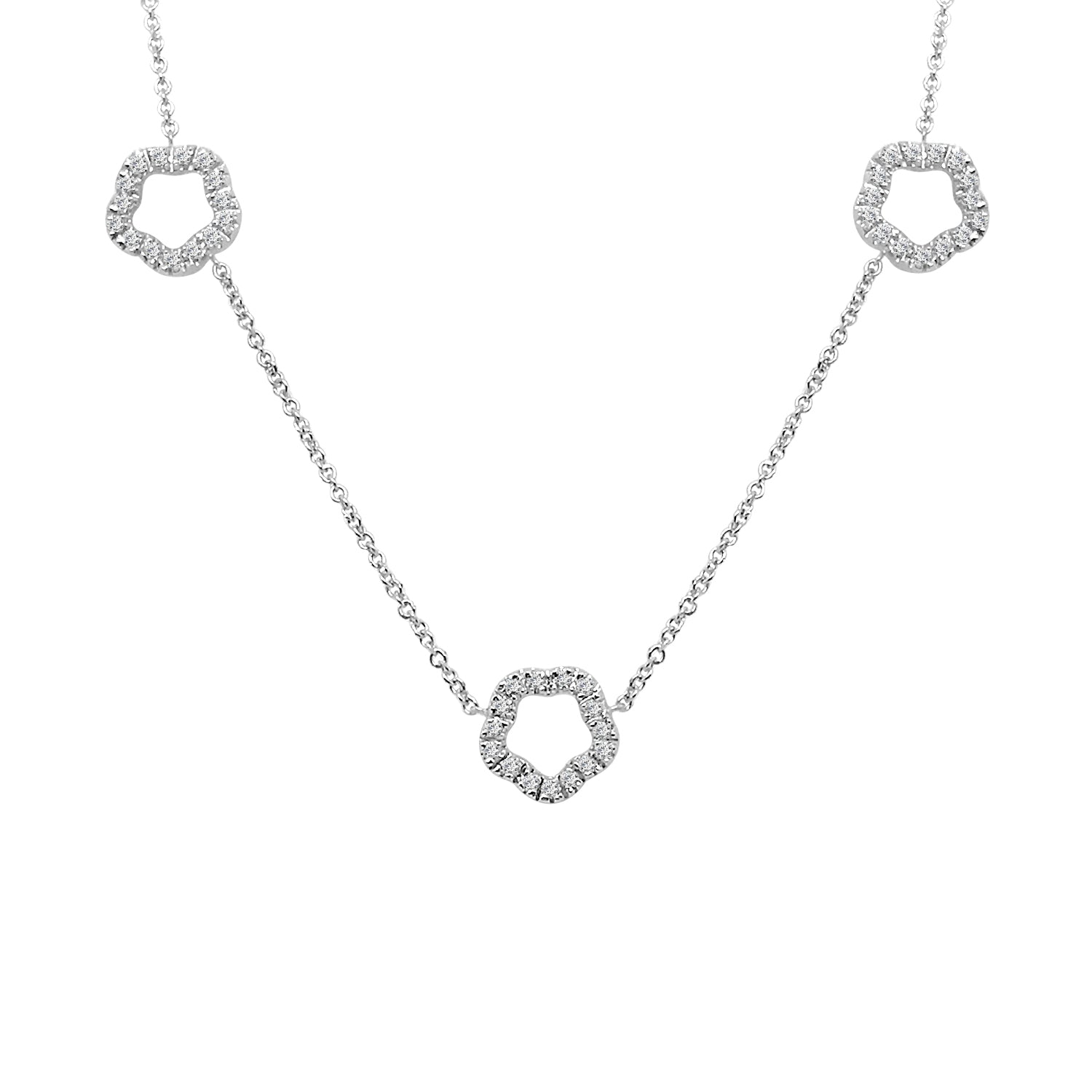 Three Diamond Station Necklace in 14 Karat White Gold
