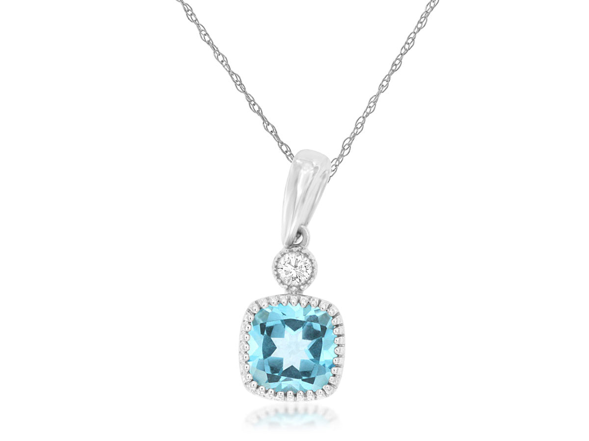 Blue Topaz &amp; Diamond Pendant Necklace in 14 Karat White Gold - Cushion Shape, 0.64 Carats