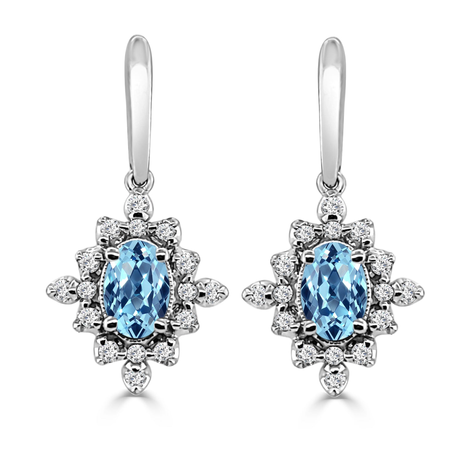 14K White Gold Halo Aquamarine Oval Earrings - 0.84 Carats
