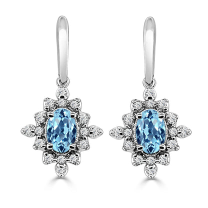 14K White Gold Halo Aquamarine Oval Earrings - 0.84 Carats