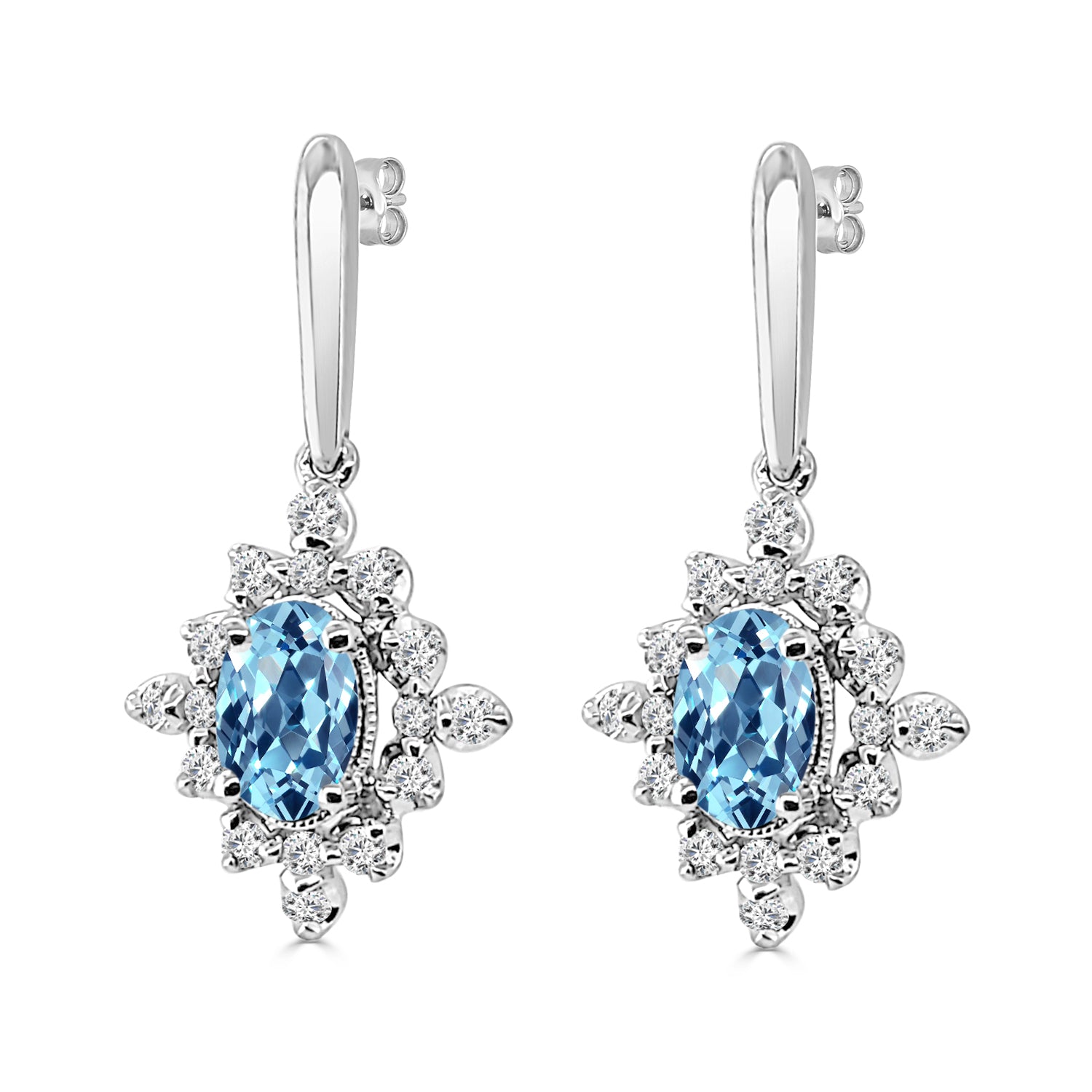 14K White Gold Halo Aquamarine Oval Earrings - 0.84 Carats