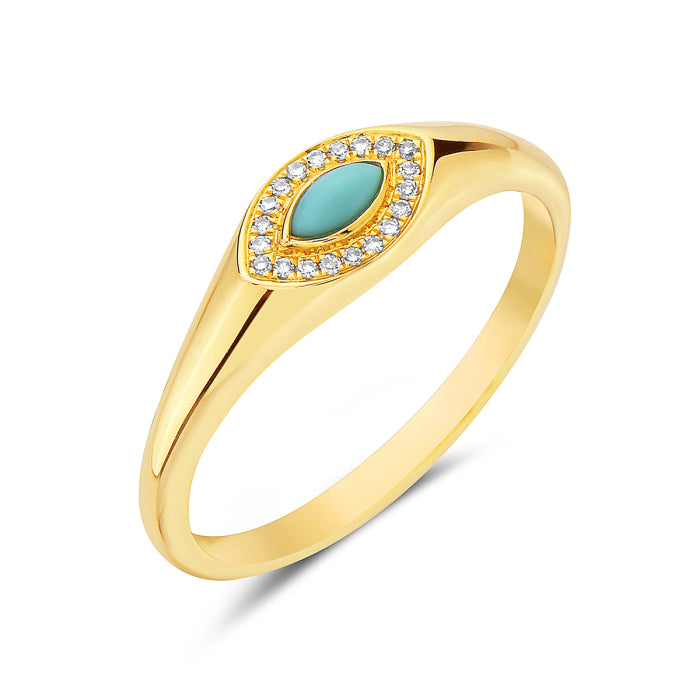 Marquise Halo Turquoise Ring in 14 Karat Yellow Gold with 0.08 Carat Accent