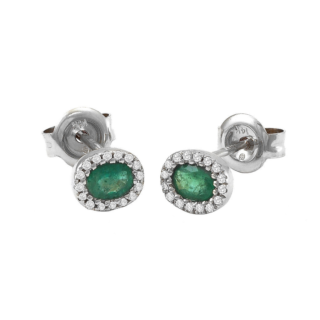 14 Karat White Gold Emerald Oval Halo Stud Earrings - 0.45 ct