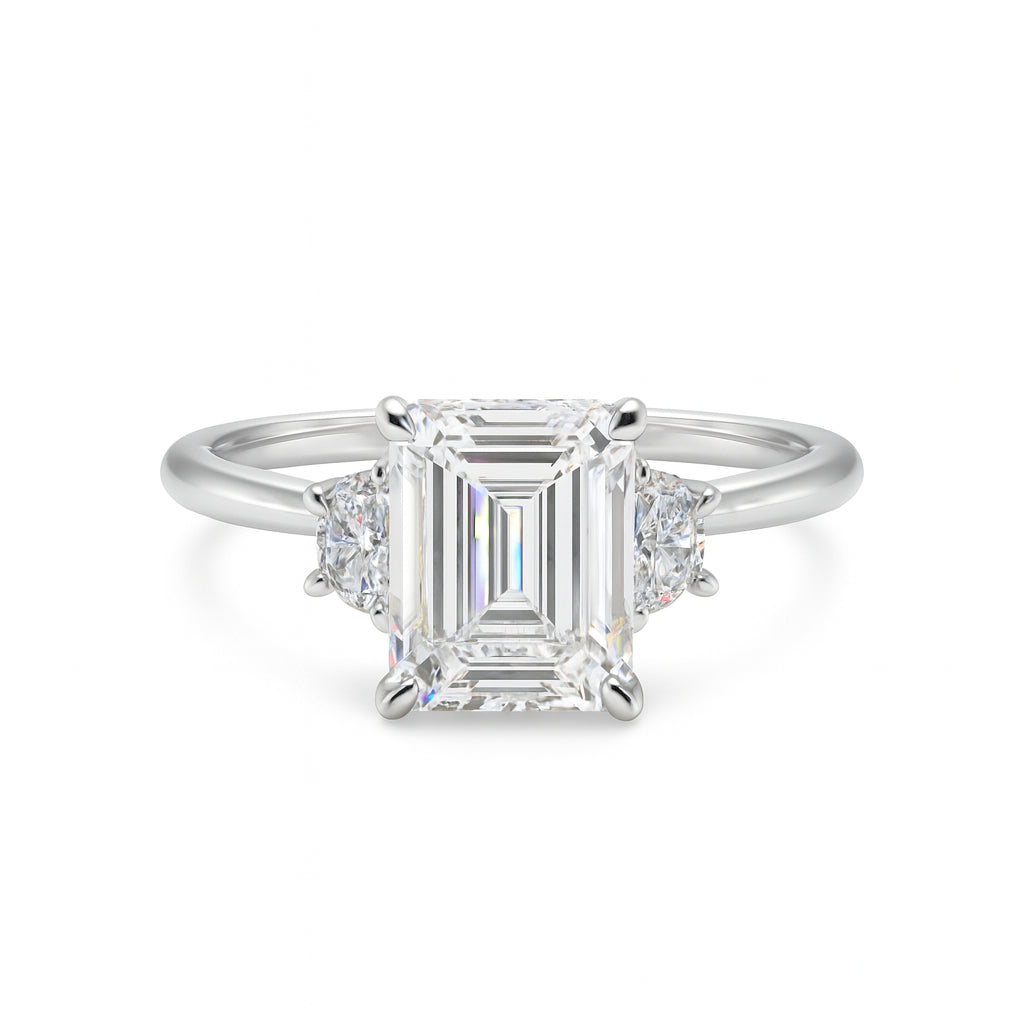 Emerald and Half Moon Lab Diamond Bridge Engagement Ring in 14K White Gold - 3.08 Carats