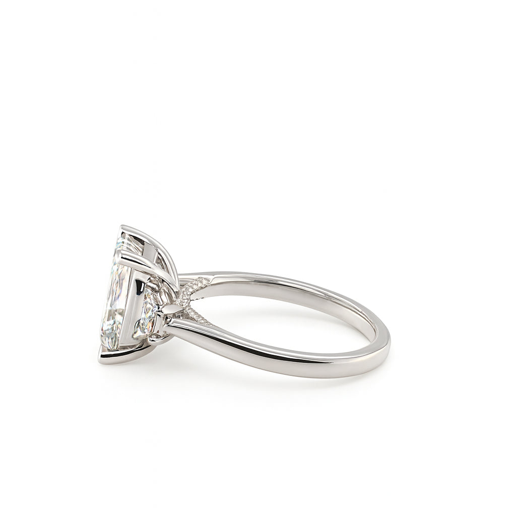 Emerald and Half Moon Lab Diamond Bridge Engagement Ring in 14K White Gold - 3.08 Carats