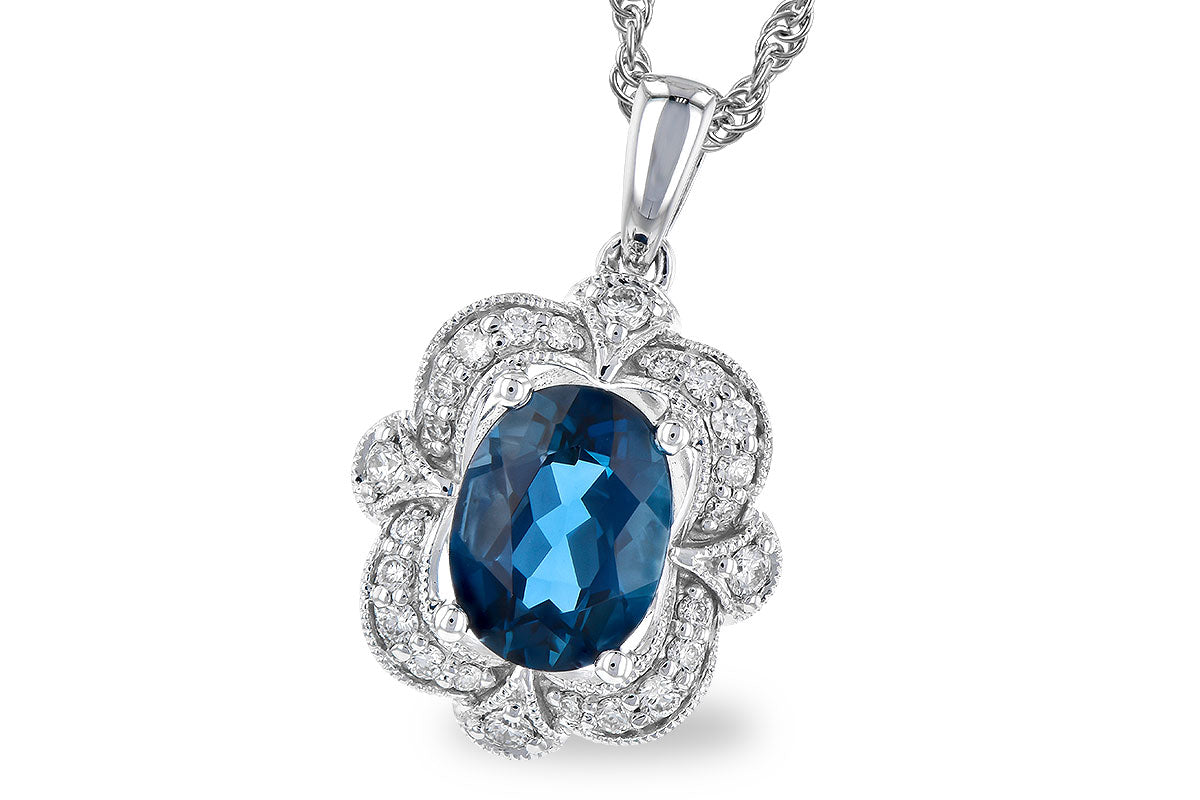 Vintage Oval Halo Blue Topaz Necklace in 14K White Gold - 1.35 Carats