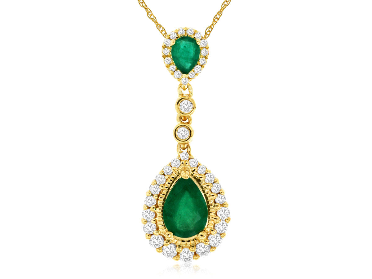 14K Yellow Gold Emerald and Diamond Pear Shape Pendant Necklace, 0.82 ct