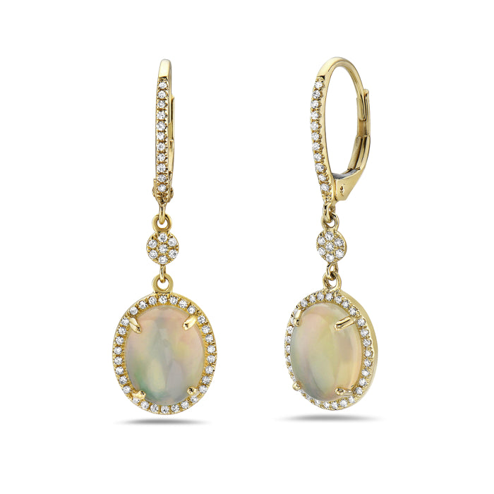 Oval Cabochon Opal Halo Earrings in 14 Karat Yellow Gold (2.05 ct)