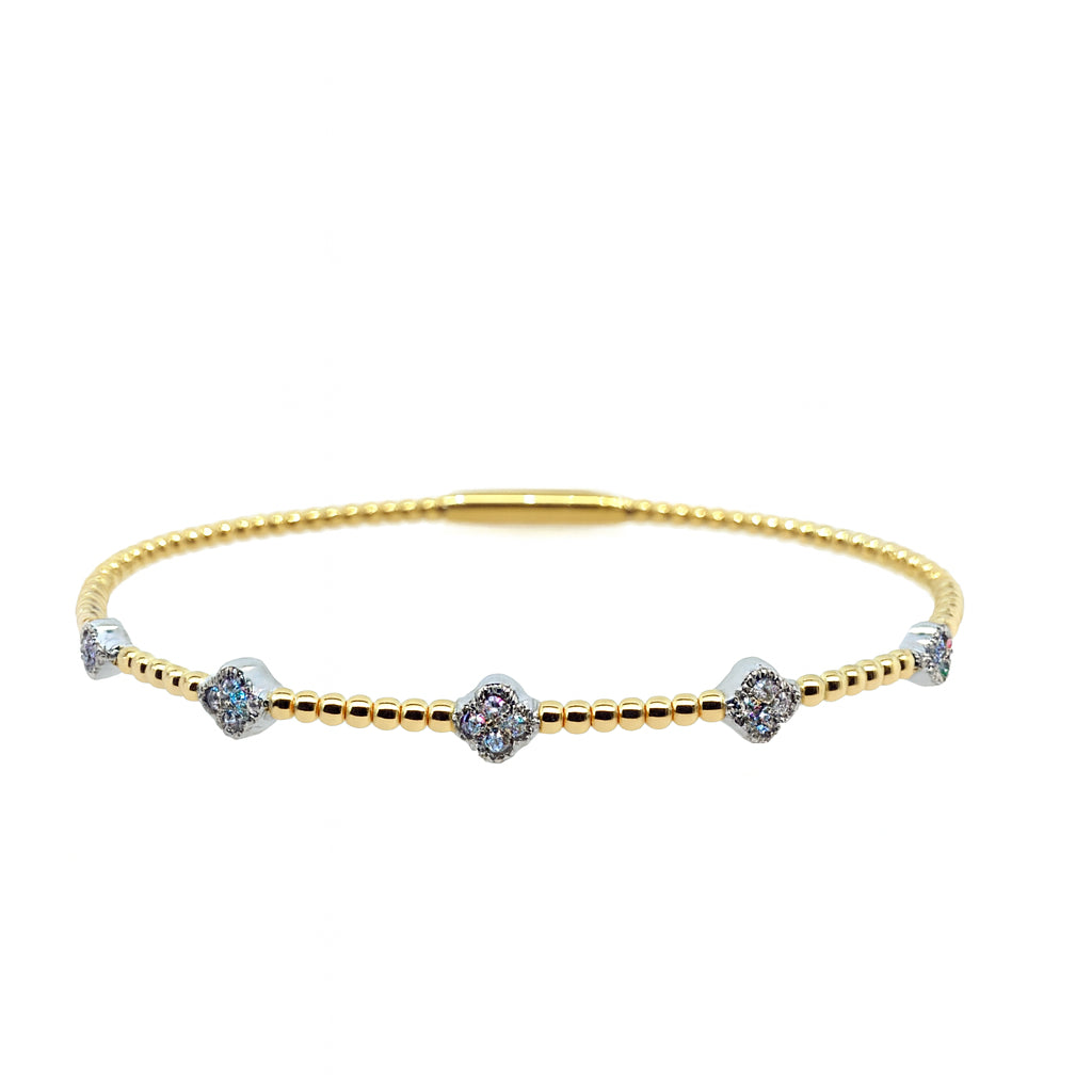 14 Karat Two-Tone Clover Cluster Flex Bangle Bracelet with Natural Diamond, Round Shape 0.35 ct