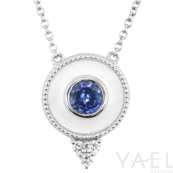 Royal Blue Sapphire Necklace in 14 Karat White Gold with Regalia White Enamel Rd Halo