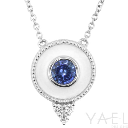 Royal Blue Sapphire Necklace in 14 Karat White Gold with Regalia White Enamel Rd Halo