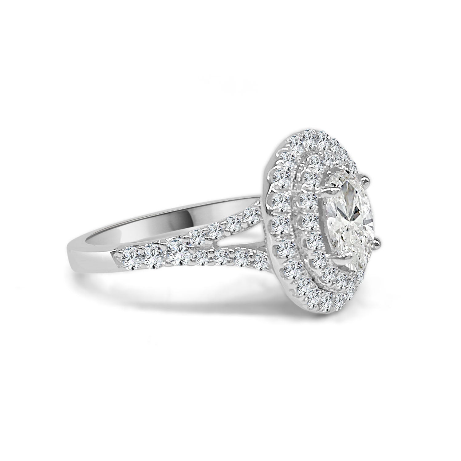 14K White Gold Oval Double Diamond Engagement Ring - 0.73 Carats