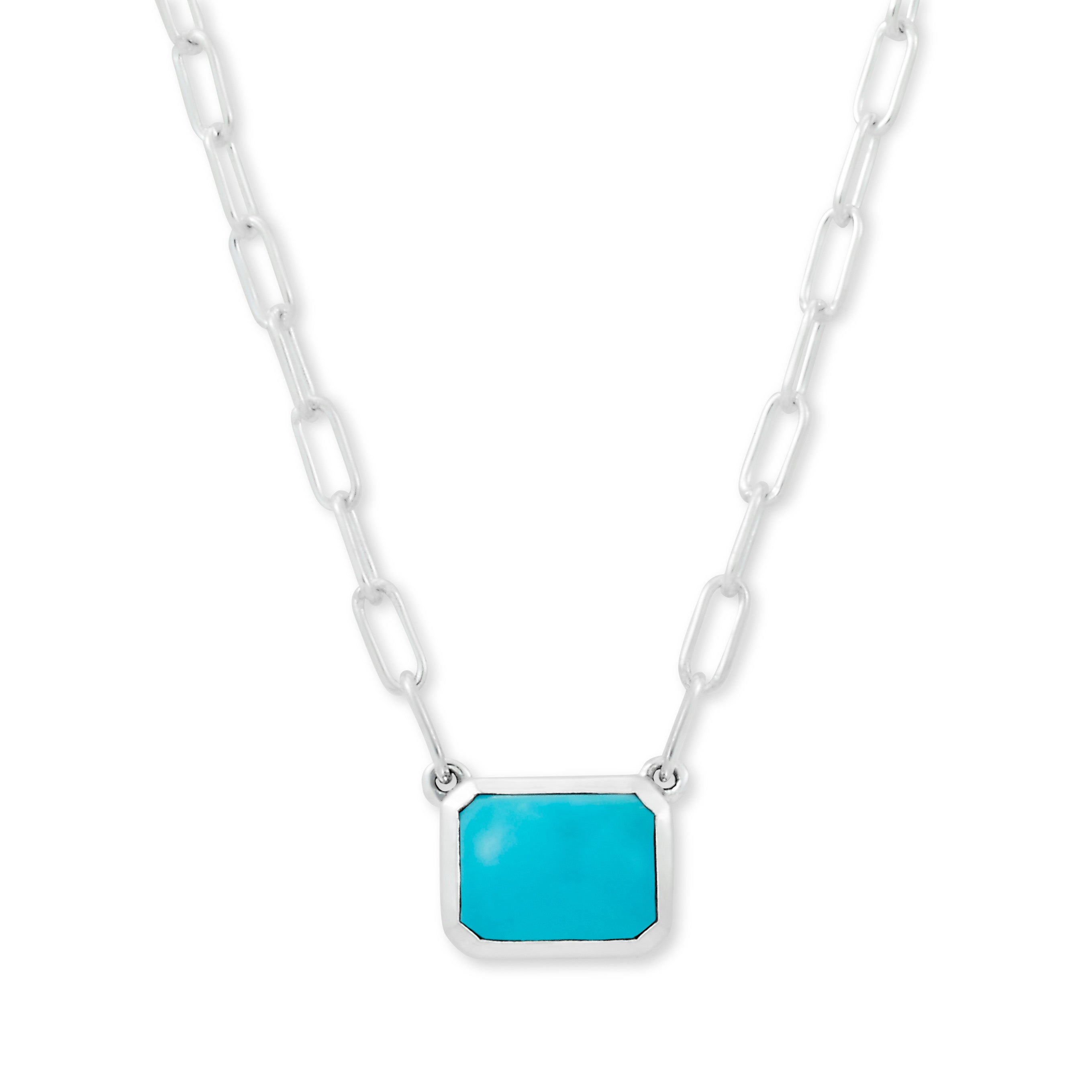 Emerald Cut Solitaire Turquoise Necklace in Sterling Silver