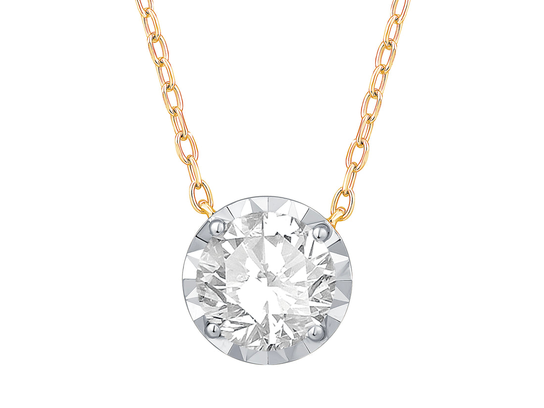 14 Karat Yellow Gold Illusion Set Lab Diamond Necklace - Round Shape 1.00 ct