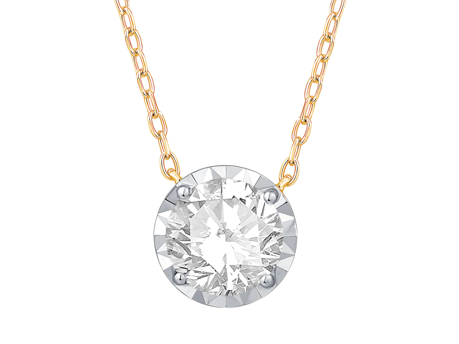 14K Yellow Gold Illusion Set Lab Diamond Necklace - Round Shape 1.00 Carat