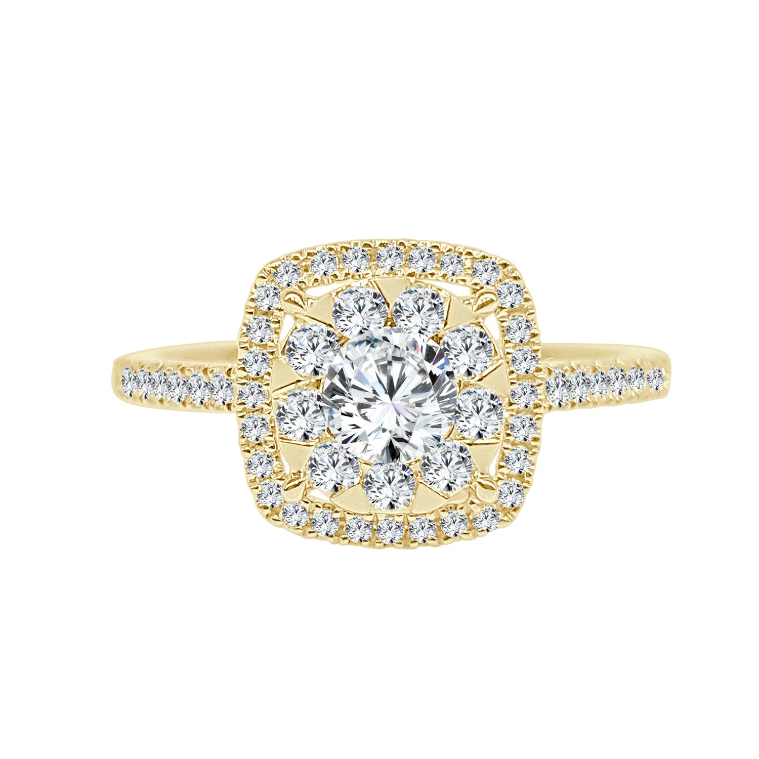 18K Yellow Gold Bouquet Cushion Engagement Ring with Natural 0.77ct Diamond