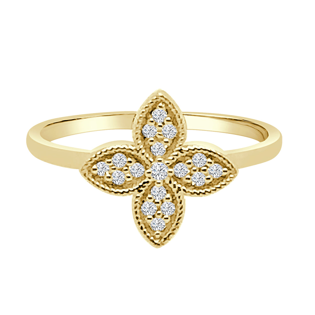 Milgrain Clover Diamond Ring in 14 Karat Yellow Gold - 0.09 Carat